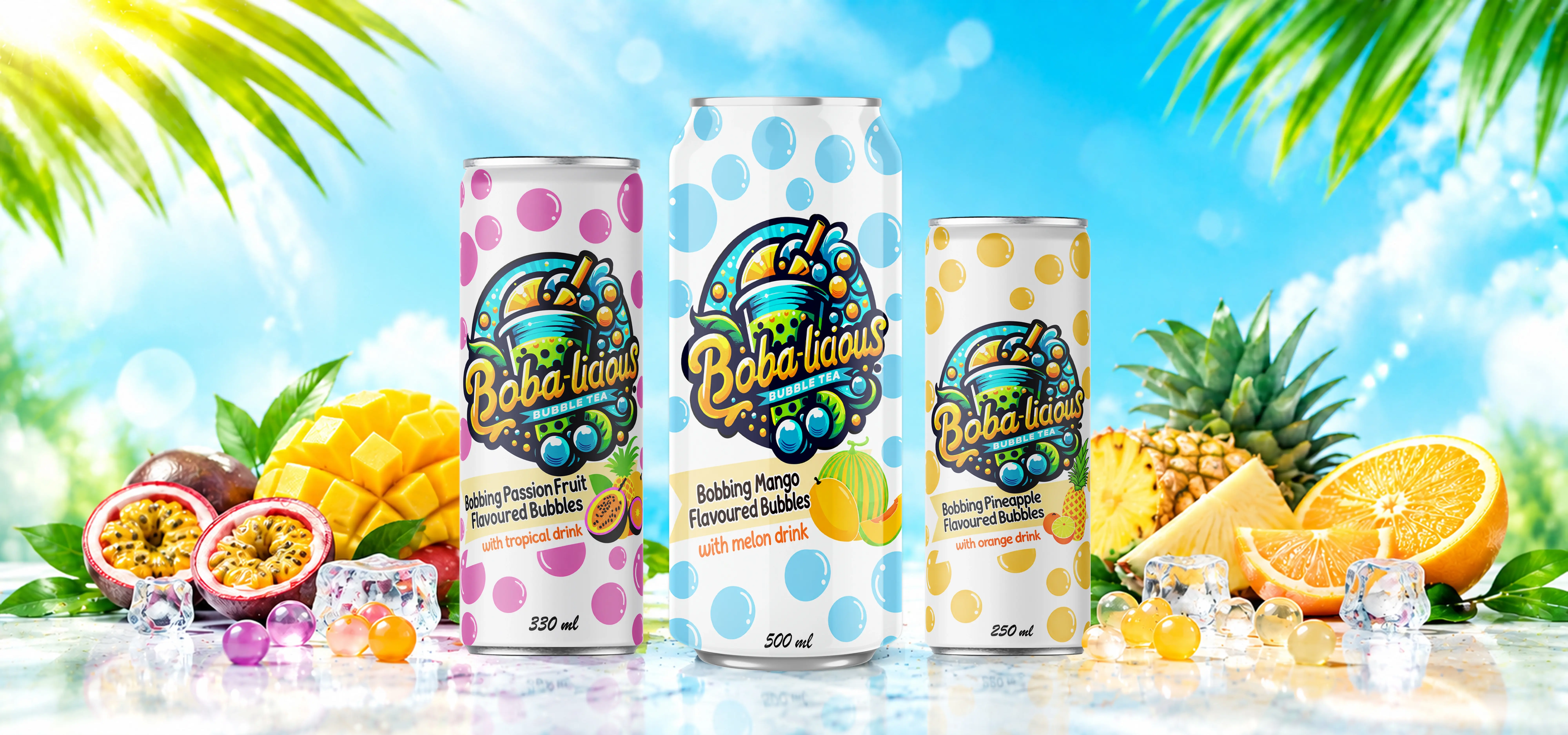 Bobalicious Bubble Tea cans featuring a playful pineapple mascot against a colorful tropical backdrop